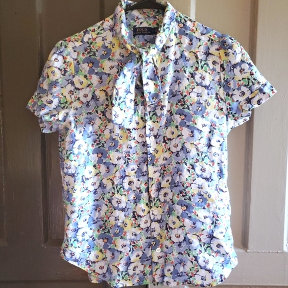 Polo Ralph Lauren Tops - Polo Ralph Lauren Tie Neck Floral Blouse Shirt Size 6 Blue 100% Linen